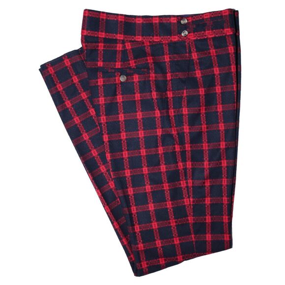 Mens Gurkha Pants Navy Blue Red Check Wool Slim Flat Front Dress Trousers 34